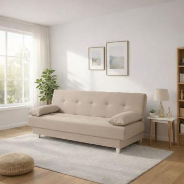 Imagem de Sofá Cama 3 Lugares Casal Reclinável Suede Com Almofadas Bege