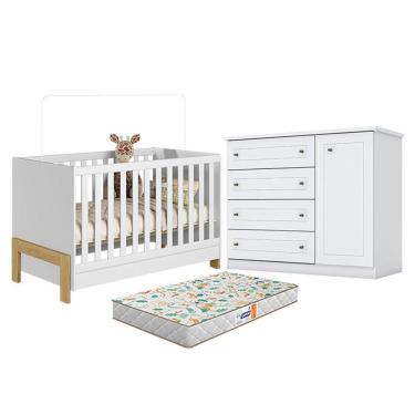 Imagem de Berço Americano Mini Cama Fantasia Branco Acetinado - Qmovi E Cômoda Infantil Americano Branco Hp E Colchão Gazin - Henn