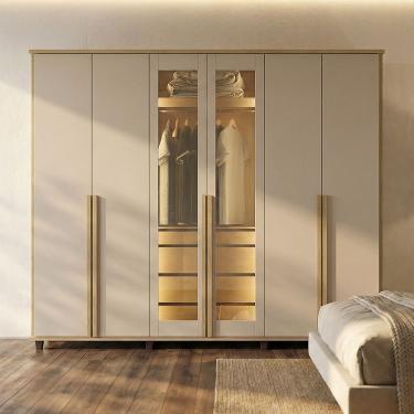 Imagem de Guarda Roupa Belgica Reflecta 6 Portas Com Vidro 3 Gavetas Nichos Prateleiras - Cinamomo/off-white