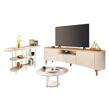 Imagem de Rack Bancada Elara Off White Cinamomo e Mesa de Centro Sky com Tampo de vidro e Aparador Infinity Off White - HB Móveis