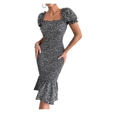 Imagem de Vestido PRETTYGARDEN Floral Ajustado Midi con Mangas Abullonadas Negro