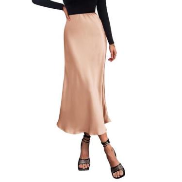 Imagem de Saia Midi Fluida de Cetim Cintura Alta PRETTYGARDEN Champagne Tamanho 