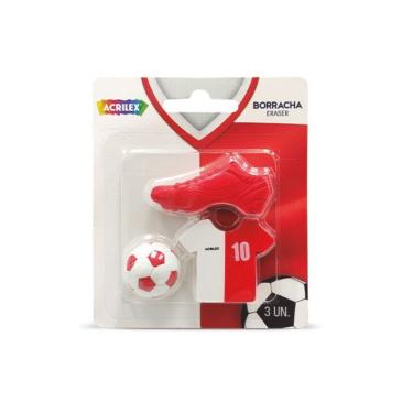 Imagem de Borracha Acrilex Borracha Futebol C 3 Unidades com Design Temático em Formato de Bola para Estudantes Branco e Vermelho