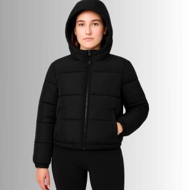 Imagem de Jaqueta Puffer Feminina Preta com Capuz Quente e Confortável Cereja Ro