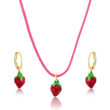 Imagem de Conjunto de Joias VL Accessoires Morango Esmaltado Metal Revestido em Ouro Dourado Feminino