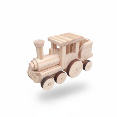 Imagem de Locomotiva de Madeira Pinus Artesanal Brinquedo Decorativo com Rodas Que Giram Verniz Fosco