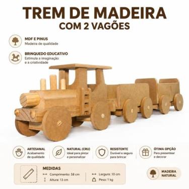 Imagem de Trem de Madeira MDF e Pinus com 2 Vagões  Artesanal  Cor Natural Cru -