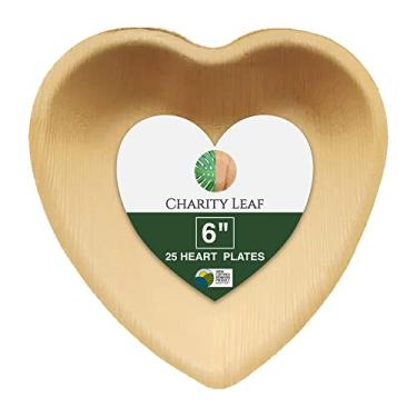 Imagem de Charity Leaf Placa descartável em forma de coração de bambu como folha de palmeira | Totalmente natural e biodegradável | Catering, quadros de charcutaria, churrascos e festas | Placa de coração de 15 cm (25 peças)