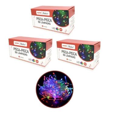 Imagem de Kit 3 Pisca Pisca 100 Lâmpadas LED Colorido Fio Transparente 8 Funções 127V  Total 300 Lâmpadas - Master Christmas