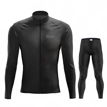 Imagem de Conjunto de camisa de ciclismo quente masculino de inverno térmico de lã para bicicleta ao ar livre manga longa 3D acolchoado babador calças para corrida de corrida, preto, M (172 cm/65 kg)