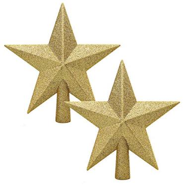 Imagem de Aneco 2 Pacotes com árvore de Natal com glitter Topper Star Treetop para decoração de árvore de Natal ou decoração de casa, plástico rígido, 2 tamanhos, Dourado, 4 inches