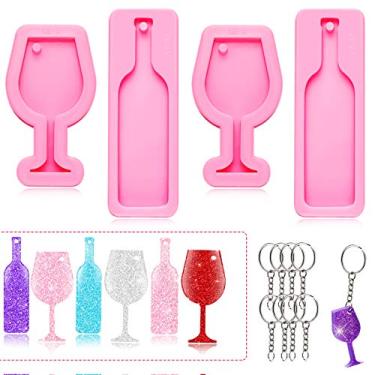 Imagem de 4 peças mini chaveiro de taça de vinho, molde de cálice, forma de garrafa de vinho, molde de cobertura de silicone para pingente faça você mesmo, etiqueta de bagagem, pudim, geleia, shots, sobremesas, decoração de bolo de doces
