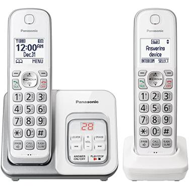 Imagem de Panasonic Telefone sem fio expansível DECT 6.0 com secretária eletrônica e bloqueio de chamadas inteligentes - 2 aparelhos sem fio - KX-TGD632W (branco/prata)