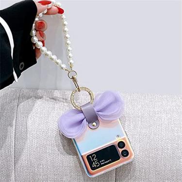 Imagem de Luxo Bow Glitter Ring Pérola Pulseira Estojo Corrente para Samsung Galaxy Z Flip 3 5G Z Flip3 Zflip3 Flip 4 Capa à Prova de Choque, B com corrente, Para Z Flip 3