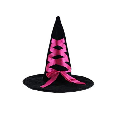 Imagem de Chapéu de bruxa infantil Bestgift chapéu de bruxo fantasia de Halloween chapéu de festa preto + rosa