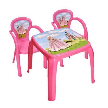 Imagem de Mesa Mesinha Infantil Rosa Princesa Com 2 Cadeiras Plástica - Kit