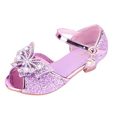 Imagem de Sandálias bege para meninas tamanho 6 sapatos infantis com diamante brilhante sandálias princesa laço sandália infantil menina, Roxo, 4.5 Big Kid
