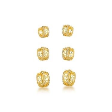 Imagem de Kit Trio De Brincos Argolas Amor Banhados A Ouro 18k