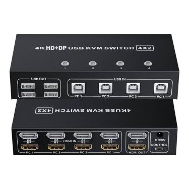 Imagem de KVM Switch Dual Monitor 4K 60Hz HDMI+DP P/ 4 PCs X 2 Telas