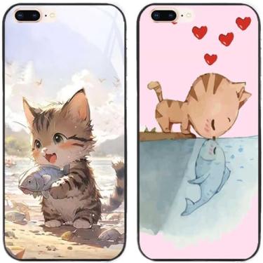 Imagem de 2 peças de capa traseira para celular com estampa de gato fofo beijo amor peixe TPU gel silicone para Apple iPhone (iPhone 7 Plus/iPhone 8 Plus)