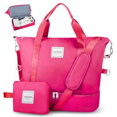 Imagem de WOOMADA Bolsa feminina de fim de semana, bolsa de viagem com compartimento para sapatos e bolso molhado, bolsa de itens pessoais para companhias aéreas, Rosa choque