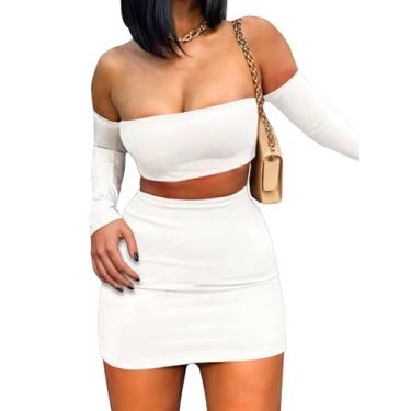 Imagem de Conjunto de saias femininas de duas peças de verão sexy com ombros de fora, top Y2K, conjunto de camisetas curtas para sair, mini vestido, roupa colado ao corpo, Branco, Medium