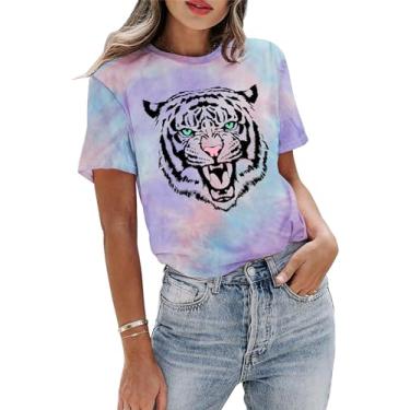 Imagem de Camiseta Tie Dye Feminina Animal Tigre Gráfica Camiseta Verão Casual Solta Manga Curta Blusa, Tiedye, G