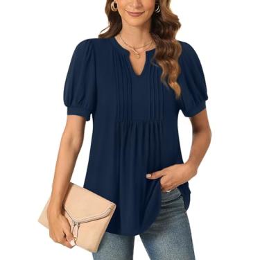 Imagem de Anyally Blusa feminina casual elegante de verão manga curta túnica tops plissados para o trabalho, Plissado azul-marinho, XXG