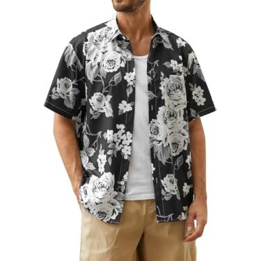 Imagem de Hardaddy Camisa masculina havaiana manga curta praia tropical casual abotoada, Preto, M