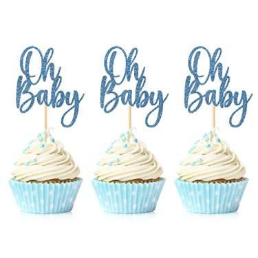 Imagem de 24 Pieces Oh Baby Cupcake Topper Blue Glitter Baby Shower Cake Decorations Boys Girls Birthday Party Supplies