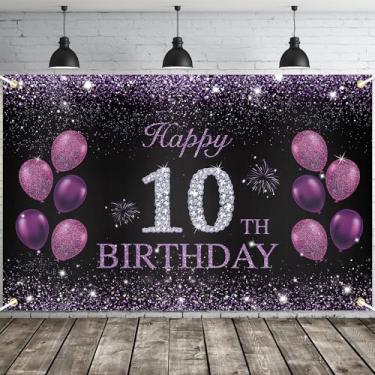 Imagem de JOYKY Banner de feliz aniversário de 10 anos, roxo, decorações de festa de 10 anos para meninas, decoração de pano de fundo de suprimentos de aniversário de 10 anos, 15 x 9 metros