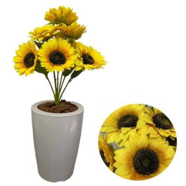 Imagem de Girassol Artificial 7 Flores Com Vaso Cone Liso Completo - PlantaImpor