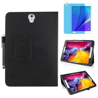 Imagem de Capa de couro fina para Samsung Galaxy Tab S3 de 9,7 polegadas 2017 (SM-T820 T825 T827), suporte de vários ângulos, capa protetora completa para tablet com caneta Stylus, película de tela (preto)