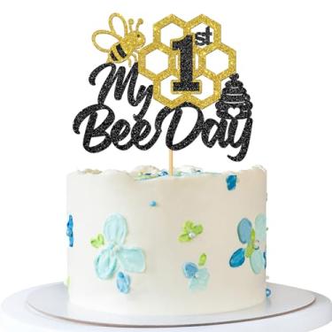 Imagem de RoadSea My 1st Bee Day Cake Topper - Bee Theme Baby Shower Party Cake Supplies - Happy Bee Day - Baby 1st Birthday Party Decoration - Black Glitter