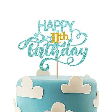 Imagem de Sky Blue Glitter Happy 11th Birthday Cake Topper, Eleven Years Old Birthday Party Cake Decor, Gold Number 11 Birthday Party Supplies Decorations for Boy or Girl