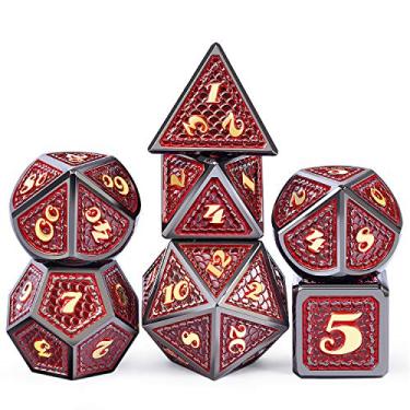 Imagem de DNDND Conjunto de dados de metal Dungeons and Dragons, 7 peças de moldes metálicos D&D com bolsa de veludo para jogo DND (vermelho com borda preta)