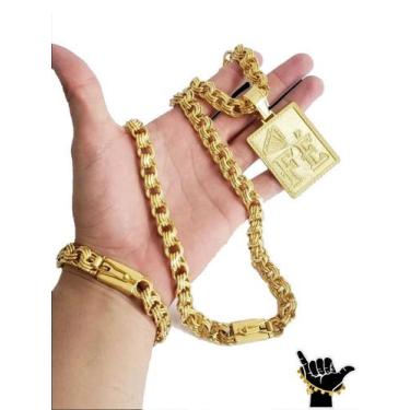 Imagem de Corrente Friso 12mm + Pulseira + Pingente - Banhado a Ouro - ToJoia18k