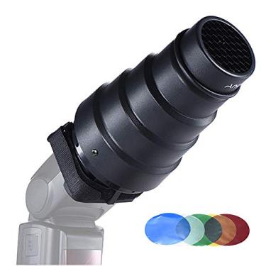 Imagem de Andoer Snoot cônico com filtro de cor quadriculada para YongNuo YN-560 II YN600EX-RT II YN-568EX II YN685 YN-568EX para Godox Neweer Flash Speedlite na câmera