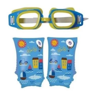 Imagem de Kit Boia Para Criança Infantil Braço 50kg + Oculos Natação - MOR, Azul