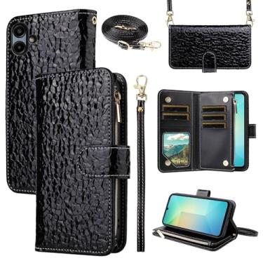 Imagem de Furiet Capa carteira de luxo para Samsung Galaxy A06 flip com zíper bolsa alça de ombro, padrão plissado reflexão couro PU suporte para cartão capa de celular para Ao6 A 06 4G LTE mulheres preta