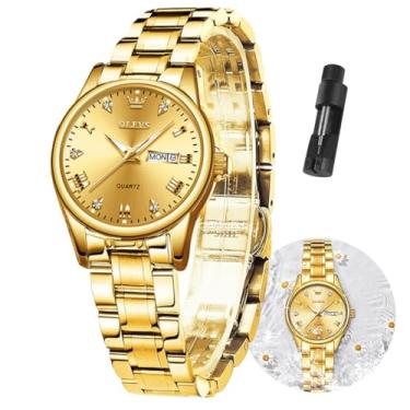 Imagem de Relógios dourados femininos OLEVS, relógios de pulso de luxo para dia e data, à prova d'água, aço inoxidável, quartzo, analógico, relógio de pulso feminino, mostrador preto, branco, Gold-Upgraded