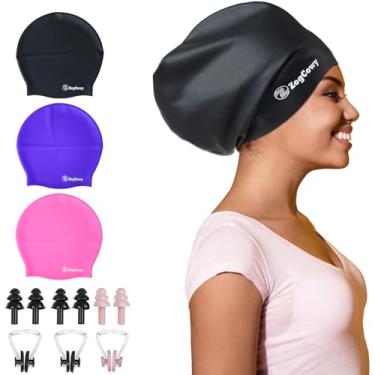 Imagem de Touca de natação feminina extra grande para tranças e dreadlocks, touca de natação de silicone para manter o cabelo seco para extensões de cabelo longo, touca de banho à prova d'água, pacote com 3