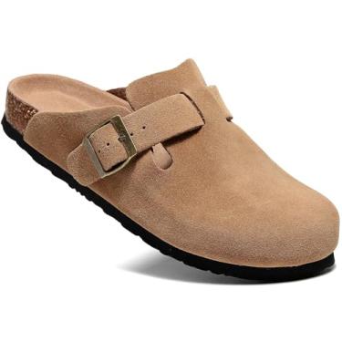 Imagem de INTINEXT Tamancos masculinos e femininos de camurça com suporte de arco confortável palmilha de cortiça sapatos de batata versáteis, Amarelo bordo, 10 Women/9 Men