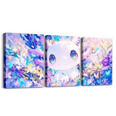 Imagem de Feelyou Decoração de parede com imagem de axolote infantil flor roxa arte de parede em tela para sala de estar quarto bonito pintura de parede pôsteres e impressões meninos meninas salamandra banheiro