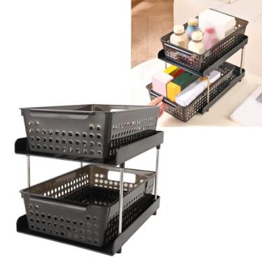 Imagem de Organizador de 2 Níveis, Rack de Plástico Multiuso para Armazenamento de Cozinha e Banheiro, Organizador de Mesa para Casa e Escritório, Sob Organizadores de Pia Com Alças e