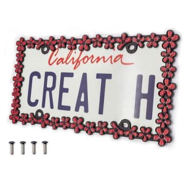 Imagem de creathome Moldura de placa de licença de chave de margarida brilhante 3D de liga de zinco puro, suporte de placa perfeito, preto fosco com glitter vermelho