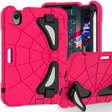 Imagem de Capa infantil para iPad Mini 7 A17 Pro 2024/Mini 6 21.1 cm, capa aranha para iPad Mini 7ª 6ª geração, capa protetora completa à prova de choque durável com suporte para lápis, suporte (rosa vermelha +
