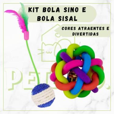Imagem de Kit Bolinha Sino e Bola Sisal com Pena para Gatos Calopsitas Pássaros 