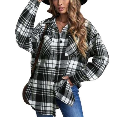 Imagem de Jaqueta Feminina de lã Xadrez Solta, Camisa Moderna de Manga Comprida, Jaqueta Casual de lã para Viagens (L)