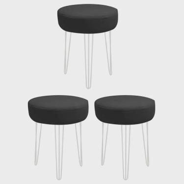 Imagem de Kit 03 Banquetas Puff Jullia Luxo 55cm Industrial Ferro Branco Corino Preto - Ahazzo Móveis